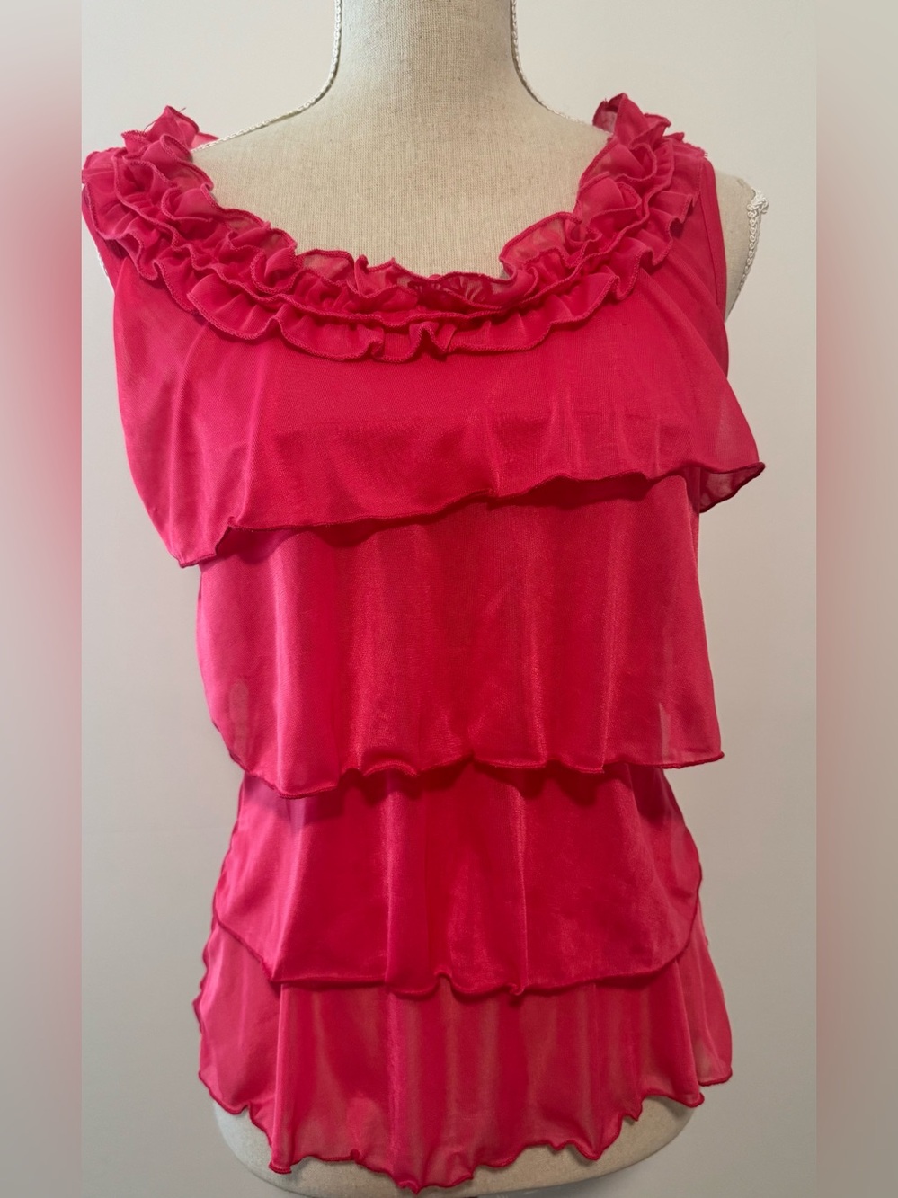 Wet Seal Hot Pink Sheer Ruffle Tiered Sleeveless Top Blouse L